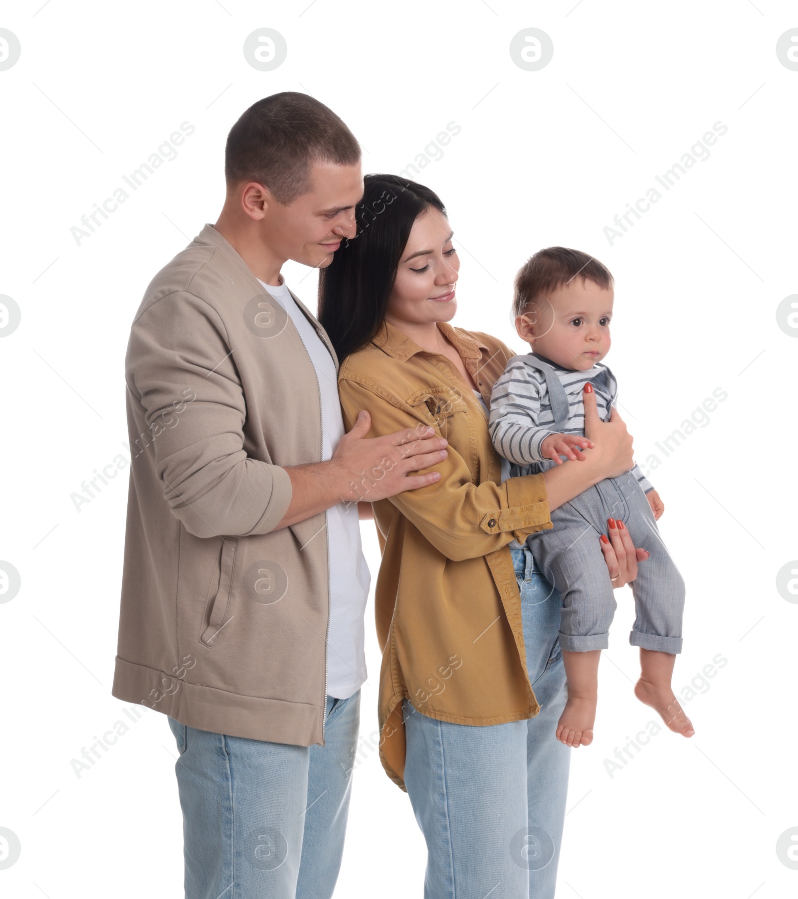 Photo of Portrait of happy family with little child on white background