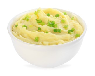 Photo of Bowl of tasty mashed potato with green onion isolated on white