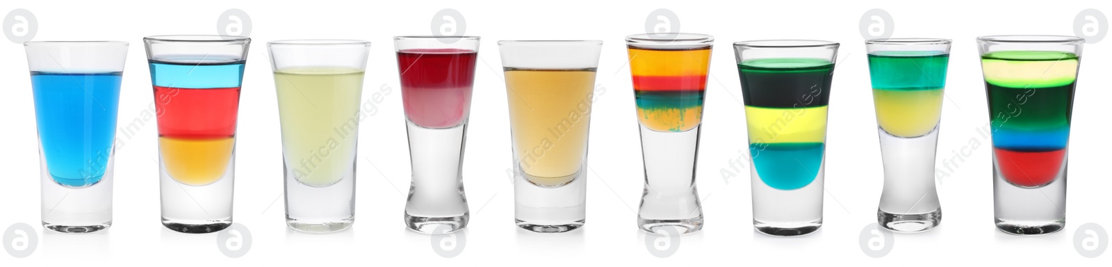 Image of Different shooters in shot glasses isolated on white, set