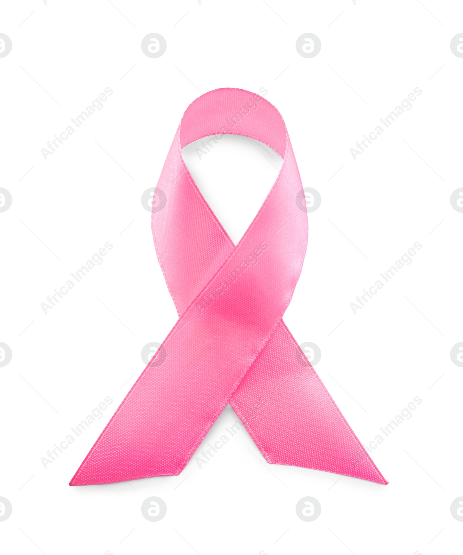 Photo of Pink ribbon isolated on white, top view