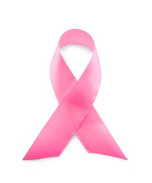 Photo of Pink ribbon isolated on white, top view