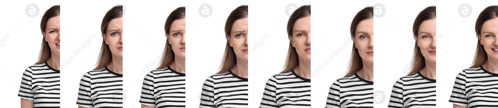 Image of Woman showing different emotions on white background, collage of photos