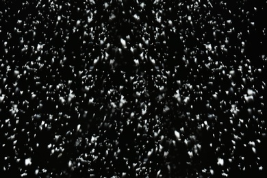 Photo of Snow flakes falling on black background. Winter weather