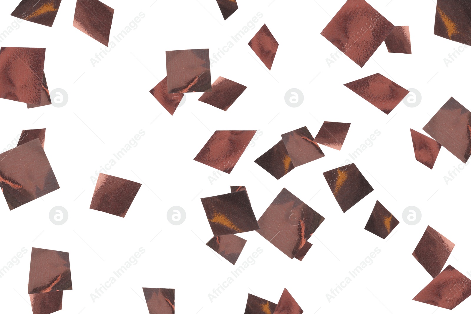 Image of Shiny bronze confetti falling on white background