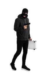 Photo of Man wearing black balaclava with metal briefcase and gun on white background