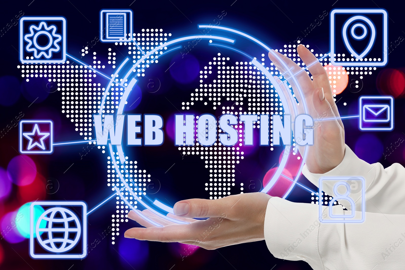 Image of Web hosting. Woman holding scheme with icons against digital world map, closeup