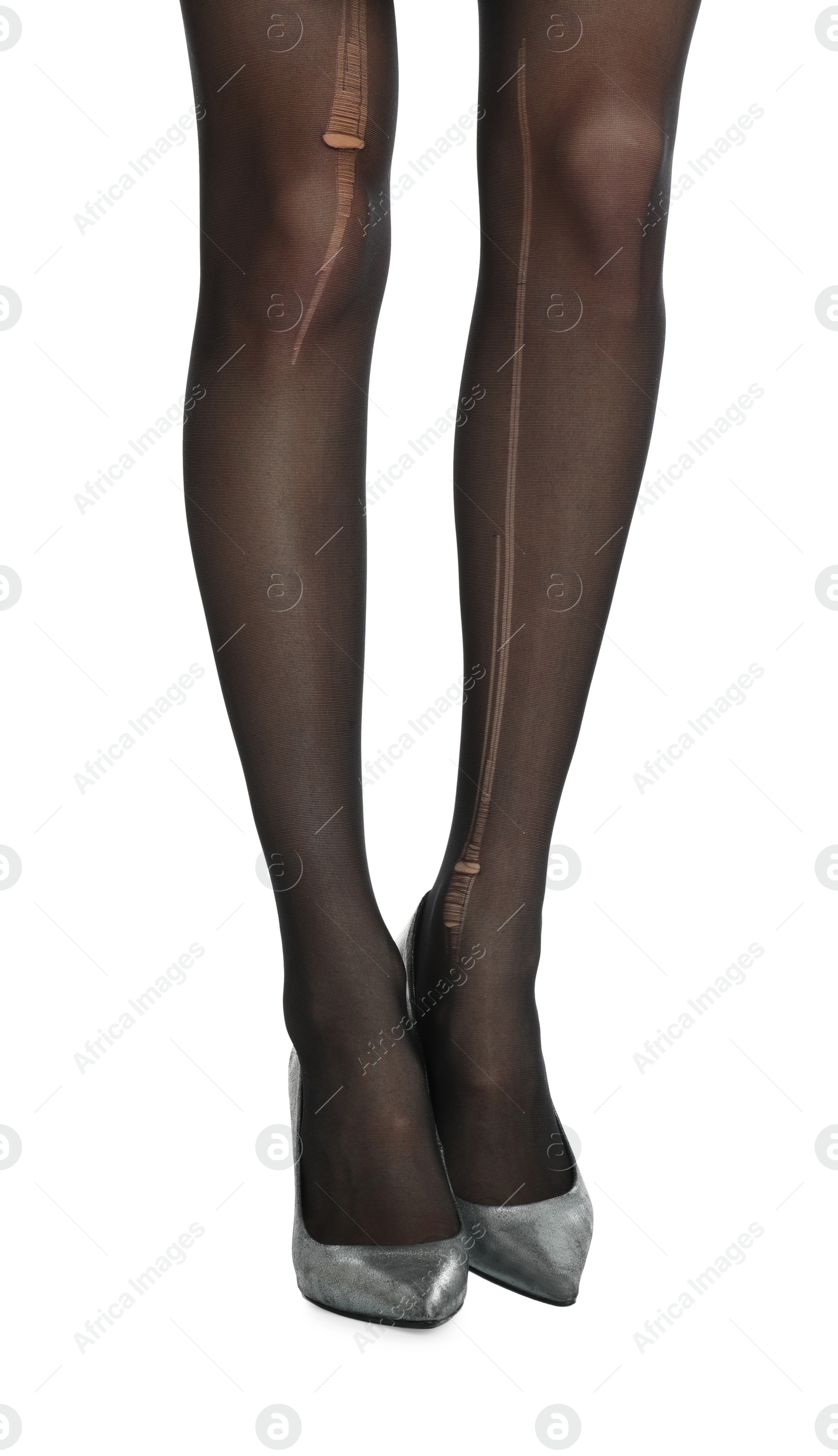 Photo of Woman wearing torn tights on white background, closeup