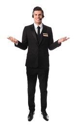 Photo of Full length portrait of receptionist with headset on white background