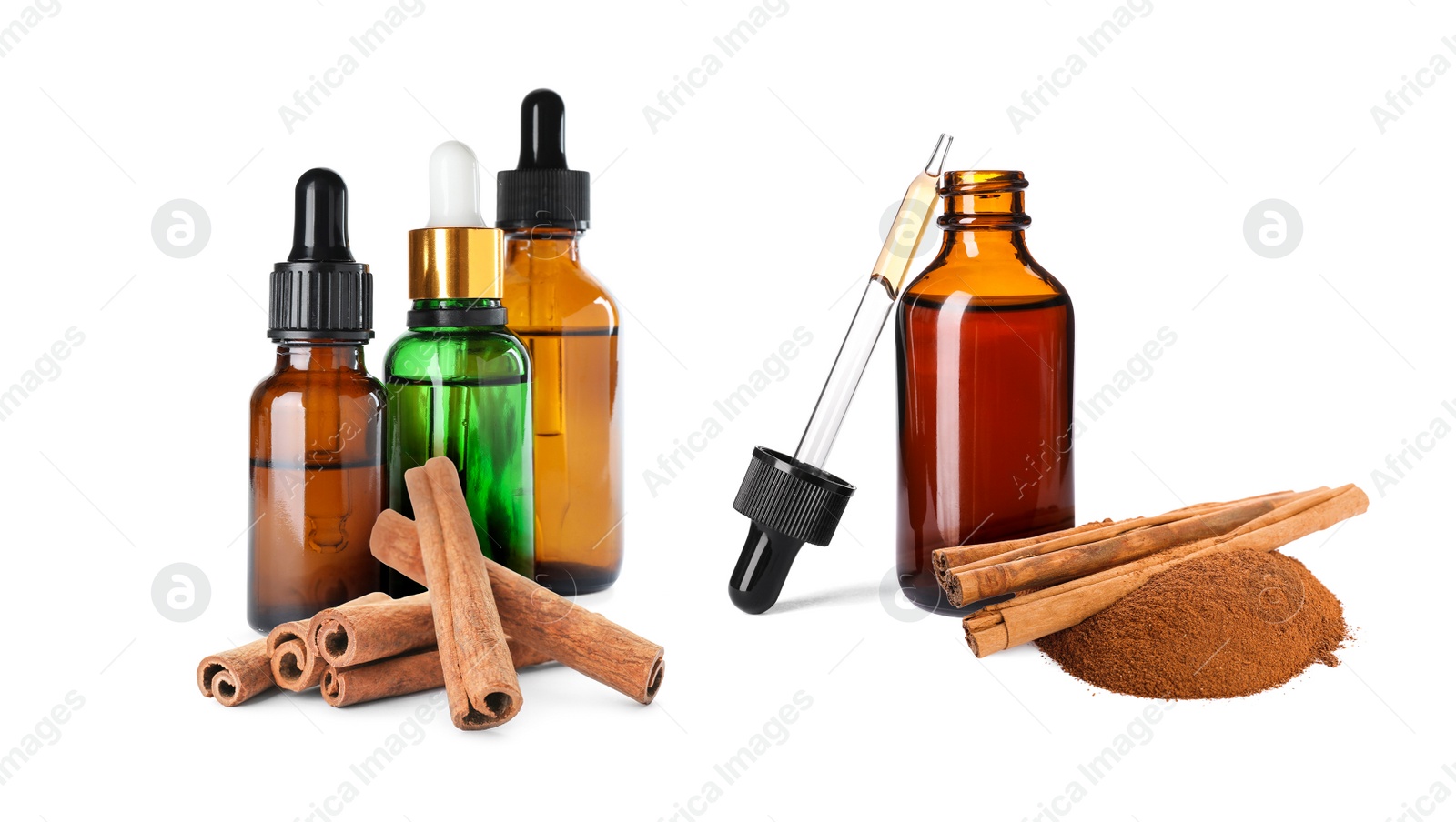 Image of Bottles of natural essential oil, dry cinnamon sticks and powder on white background