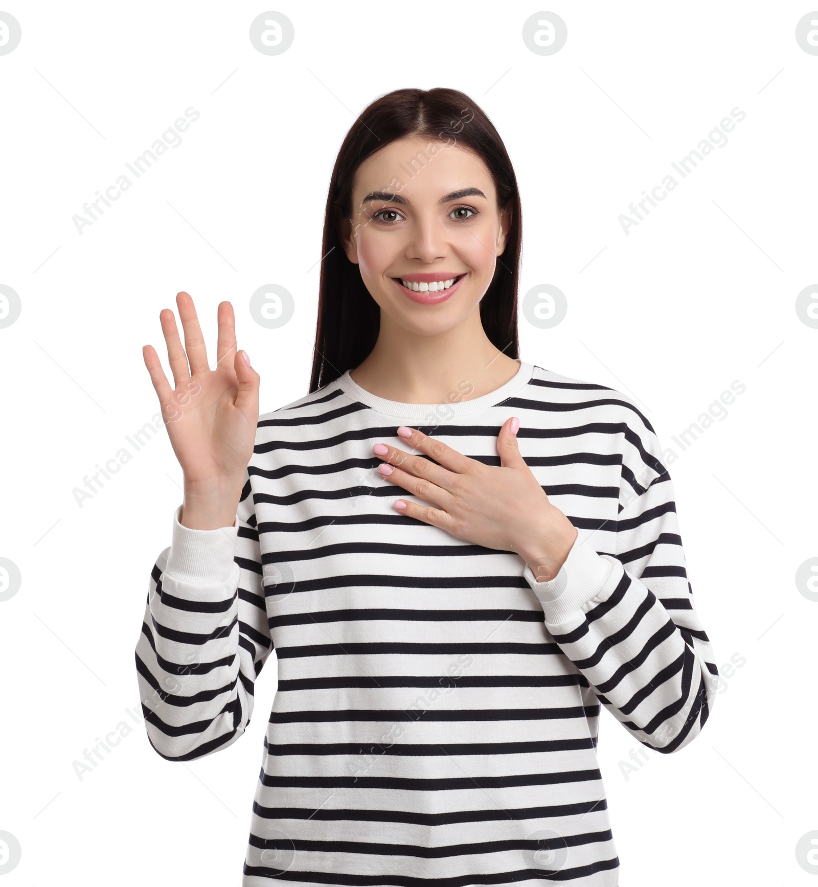 Photo of Attractive young woman showing hello gesture on white background