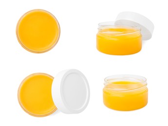 Collage with yellow petroleum jelly in jar on white background, top and side views. Cosmetic petrolatum