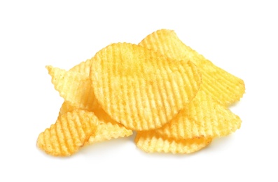 Tasty ridged potato chips on white background