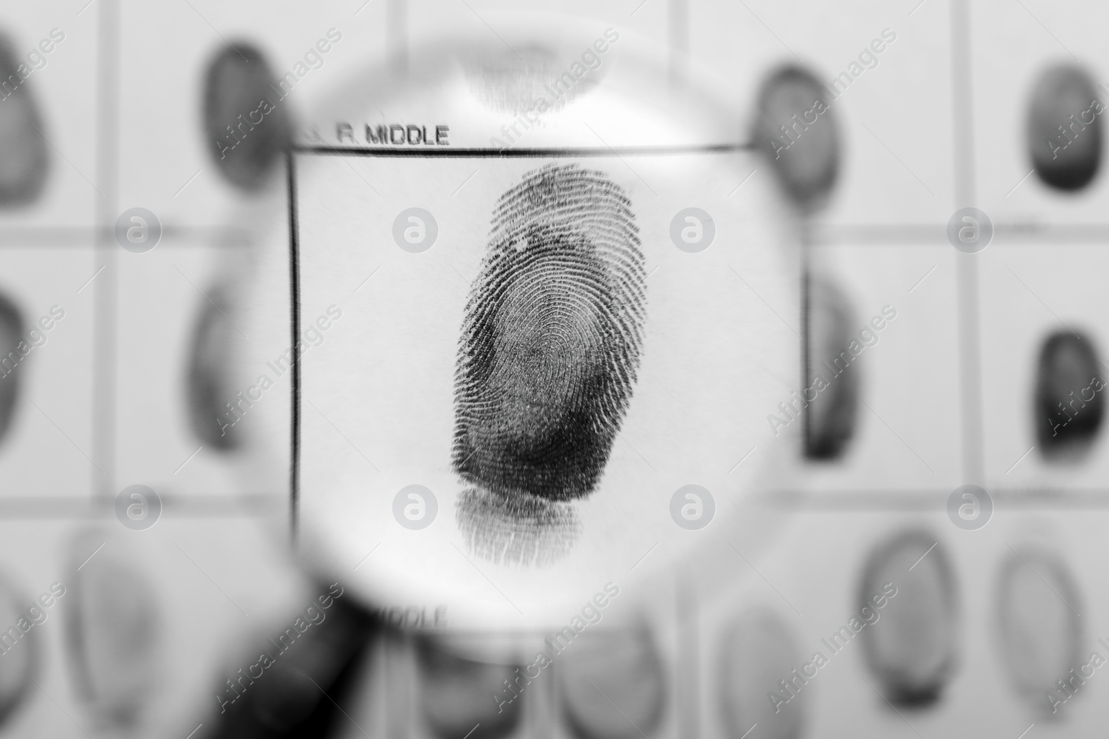 Photo of Criminal fingerprint card and magnifier, top view