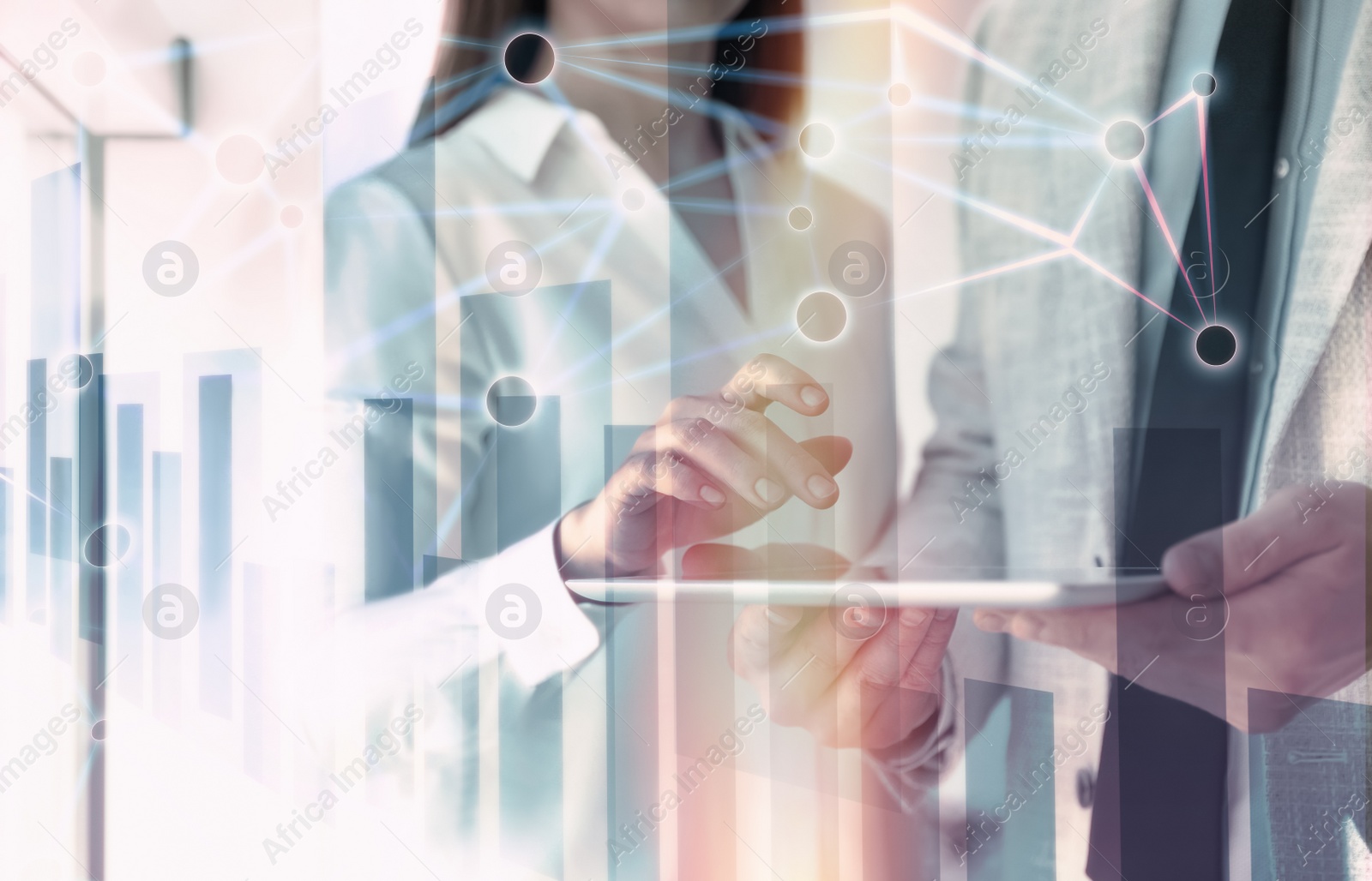 Image of Forex trading. Double exposure of charts and people using tablet computer, closeup