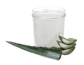 Photo of Fresh aloe juice in jar and leaves isolated on white