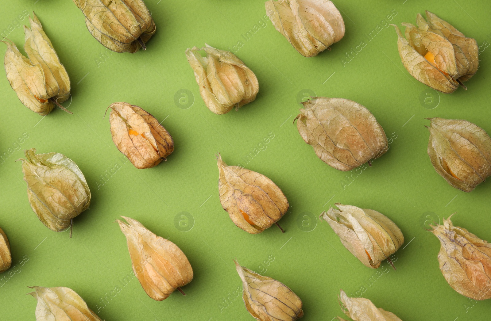 Photo of Ripe physalis fruits with calyxes on light green table, flat lay