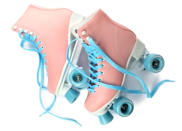 Photo of Pair of bright stylish roller skates on white background