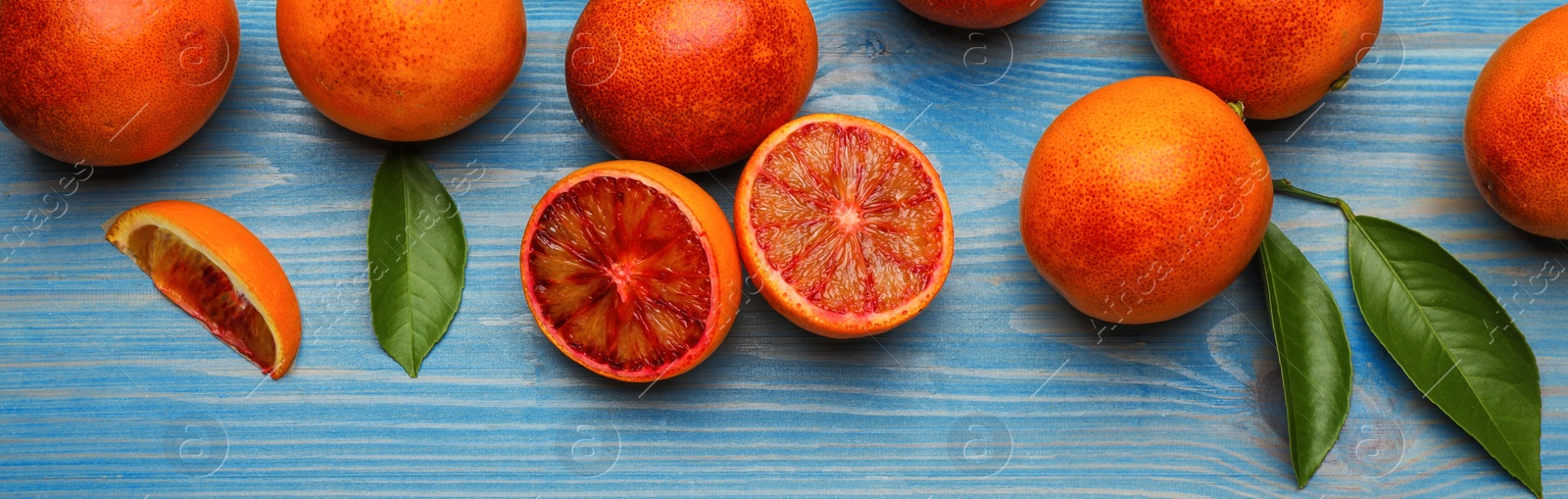 Image of Many ripe sicilian oranges and leaves on light blue wooden table, flat lay. Banner design