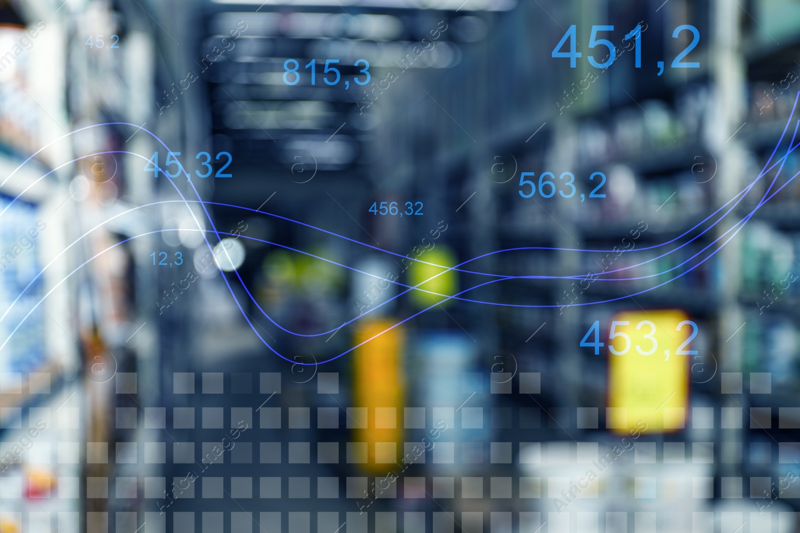 Image of Charts against blurred view of storage stands in wholesale warehouse