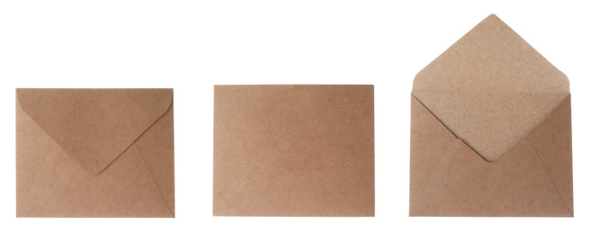 Image of Set of brown envelopes on white background, banner design