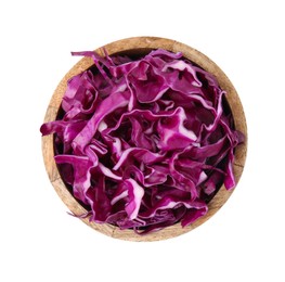 Photo of Bowl with shredded red cabbage isolated on white, top view