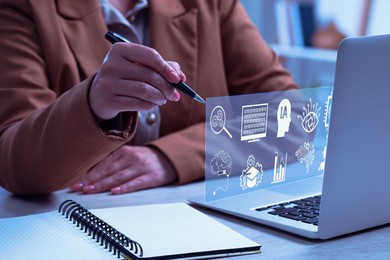 Webinar. Woman using laptop and virtual screen at table, closeup