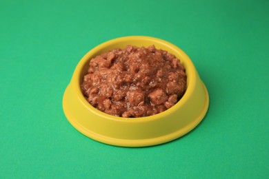 Photo of Wet pet food in feeding bowl on green background