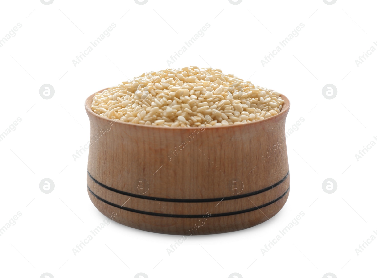 Photo of Wooden bowl with sesame seeds on white background