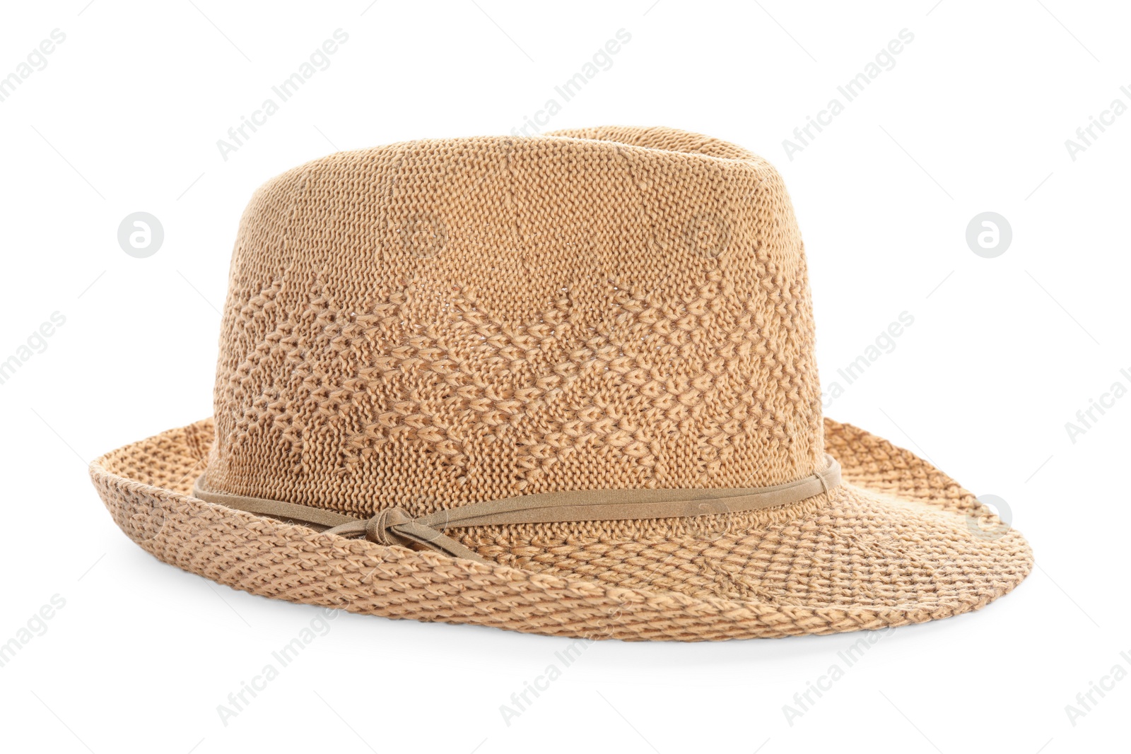 Photo of Stylish summer hat on white background. Beach accessory