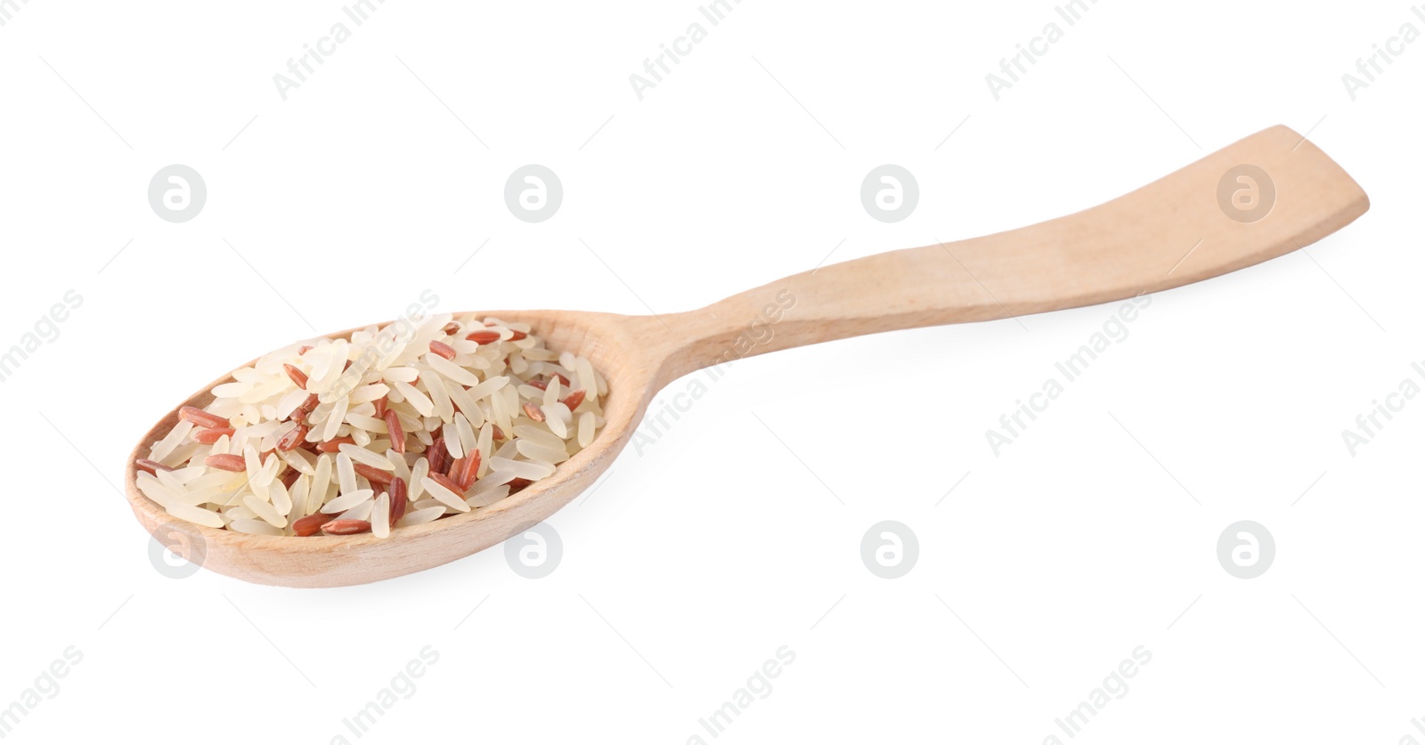 Photo of Mix of brown and polished rice in wooden spoon isolated on white