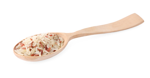 Photo of Mix of brown and polished rice in wooden spoon isolated on white