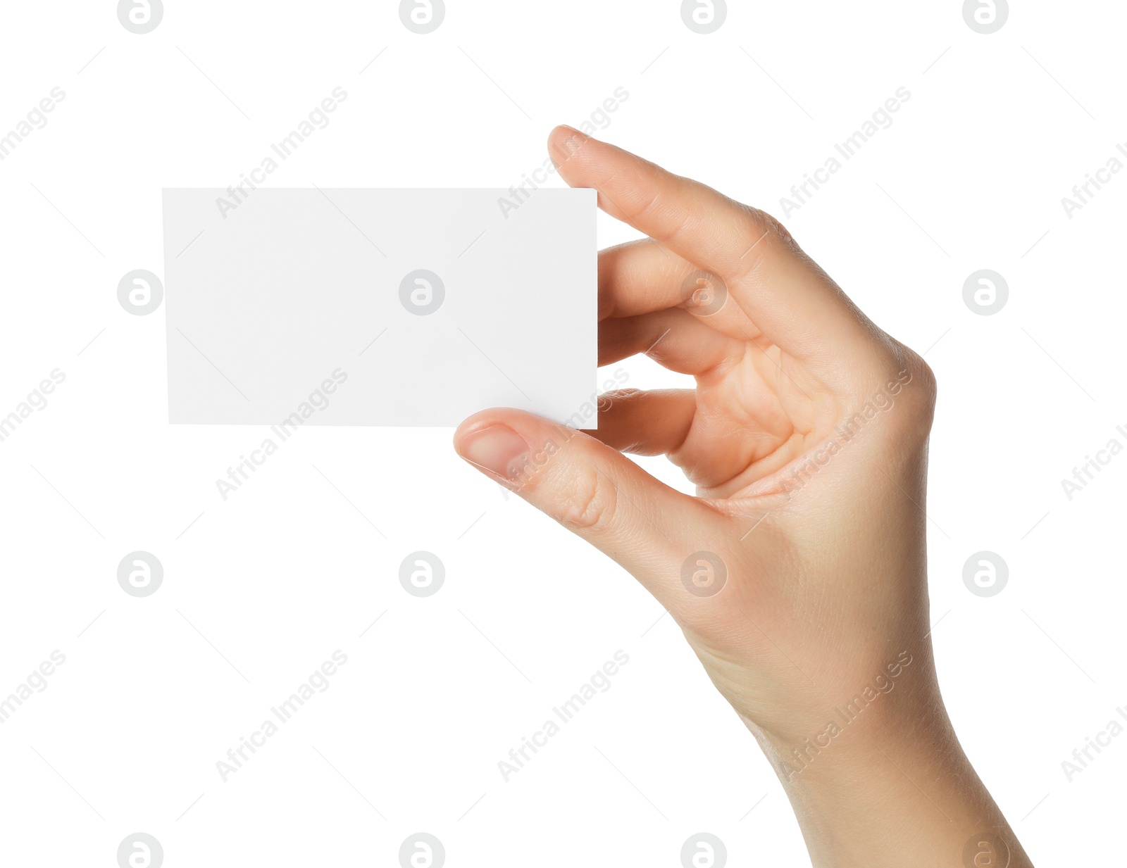 Photo of Woman holding blank business card on white background, closeup. Mockup for design