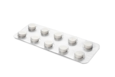 Photo of Blister with pills isolated on white. Medicament