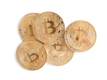 Pile of bitcoins isolated on white, top view. Digital currency