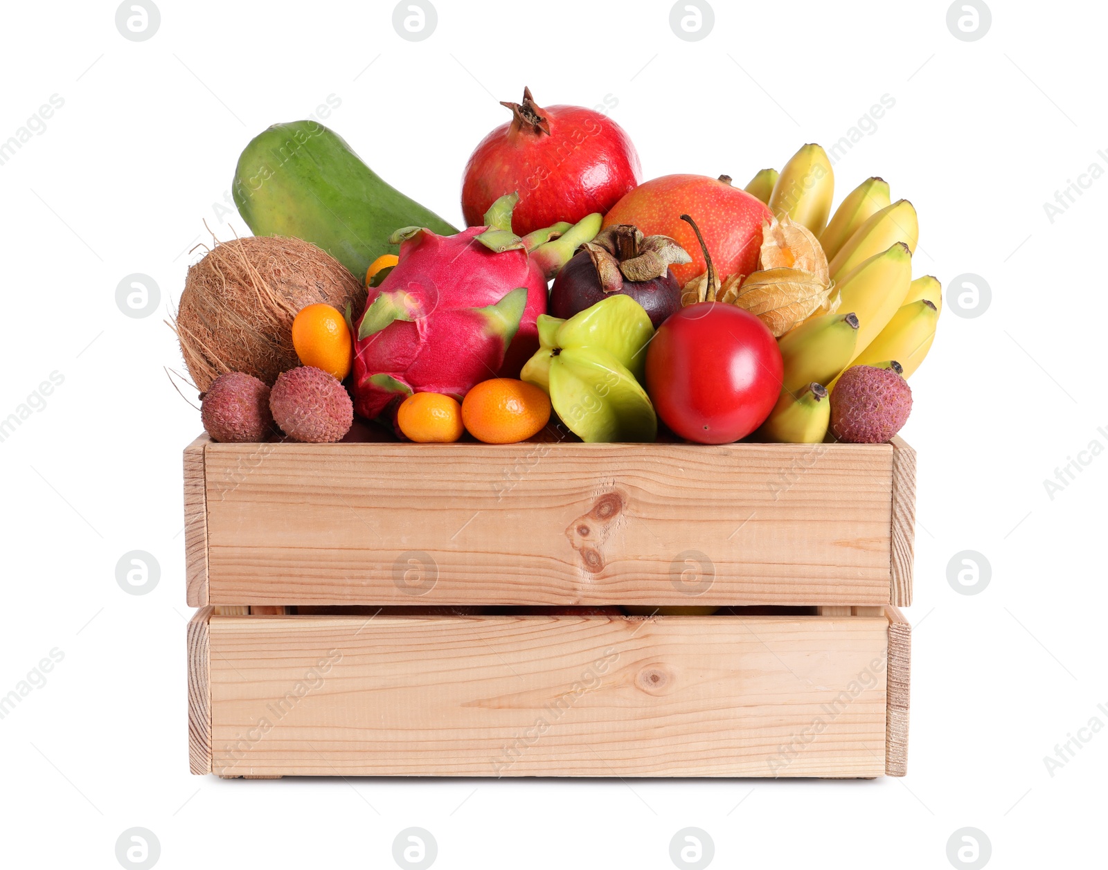 Photo of Wooden crate with different exotic fruits on white background