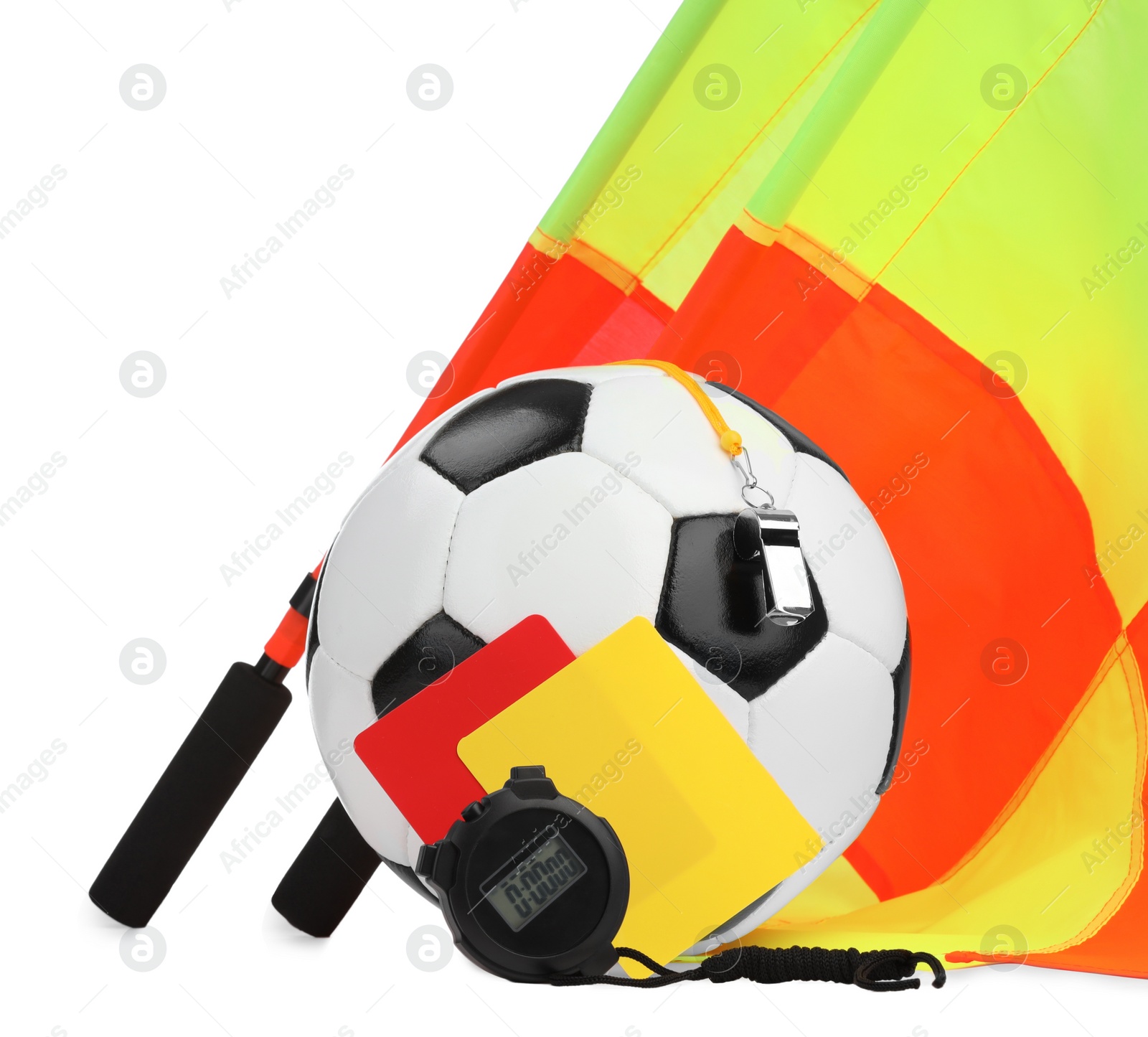 Photo of Soccer ball and different referee equipment isolated on white