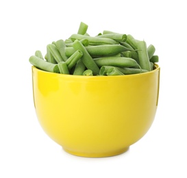 Photo of Fresh green beans in bowl isolated on white