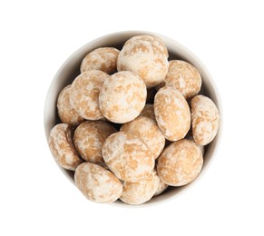 Tasty homemade gingerbread cookies in bowl on white background, top view