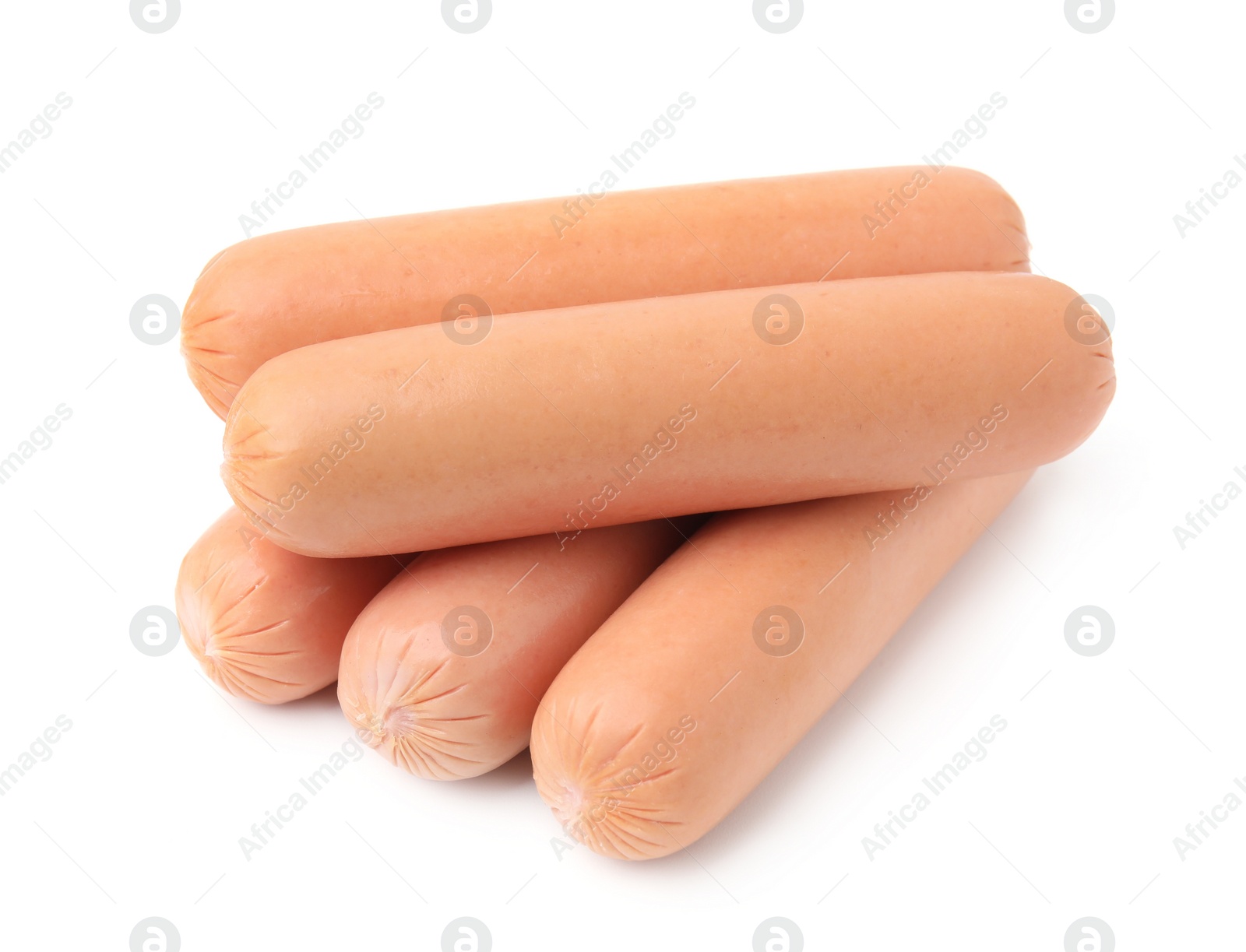 Photo of Many delicious boiled sausages on white background