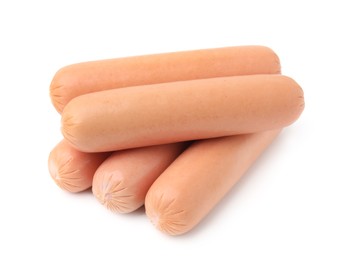 Photo of Many delicious boiled sausages on white background