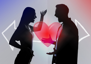 Double exposure with silhouettes of quarreling couple and red heart. Relationship problems