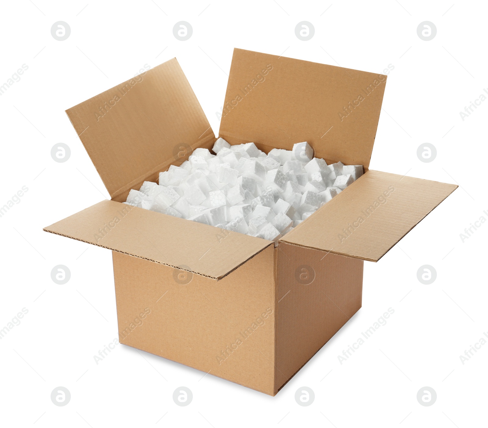 Photo of Cardboard box with styrofoam cubes isolated on white