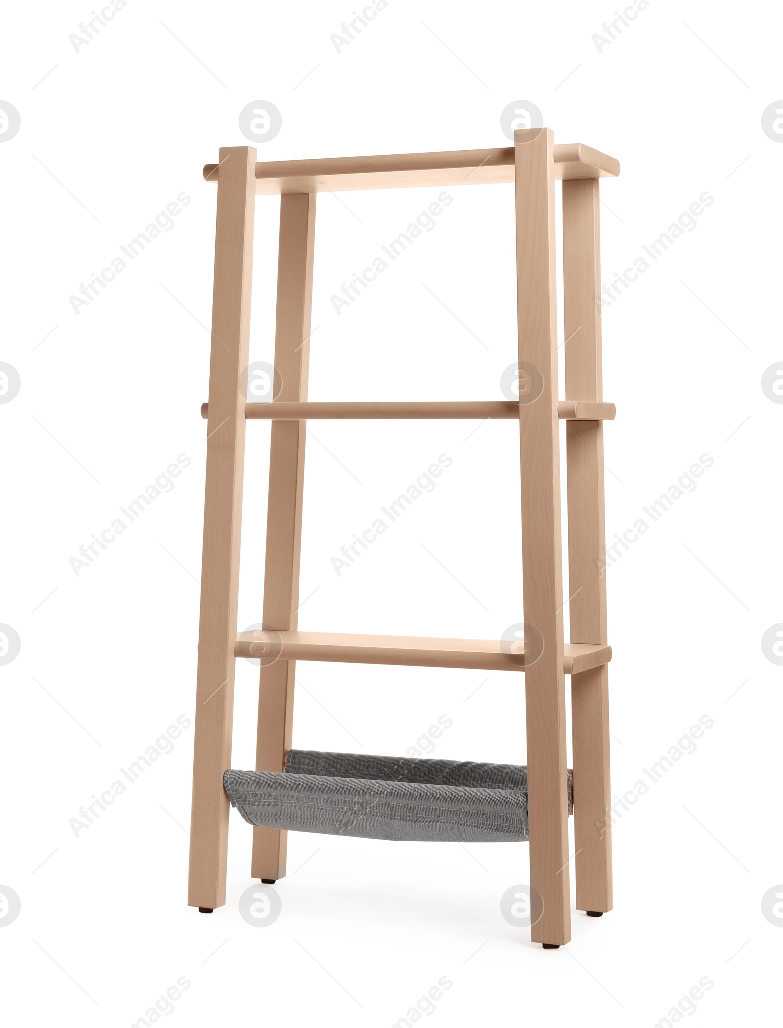 Photo of Empty wooden shelving unit isolated on white