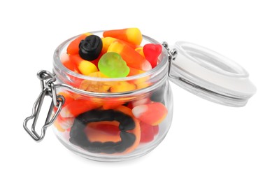 Jar of delicious colorful candies isolated on white. Halloween sweets