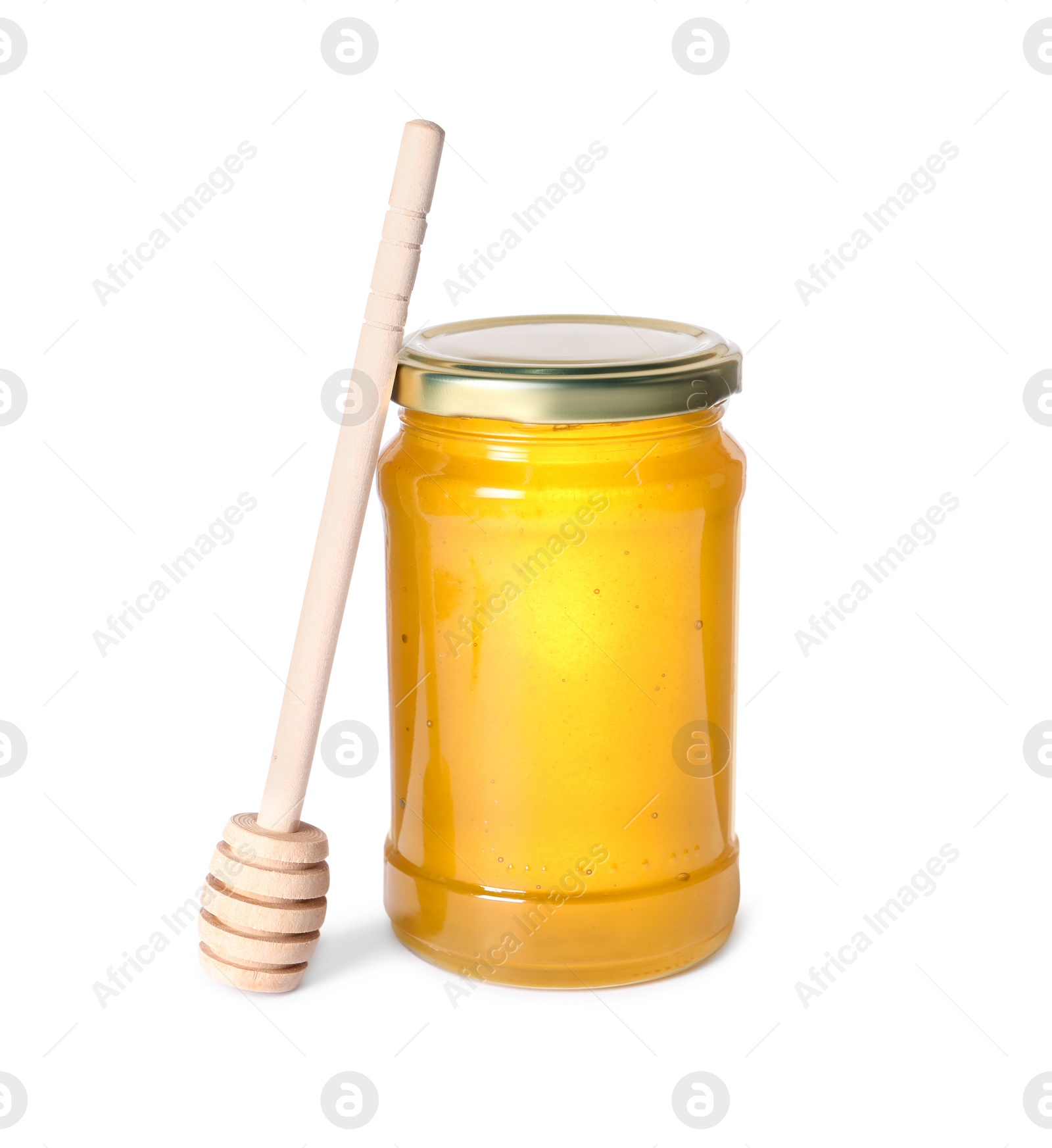 Photo of Tasty natural honey in glass jar and dipper isolated on white