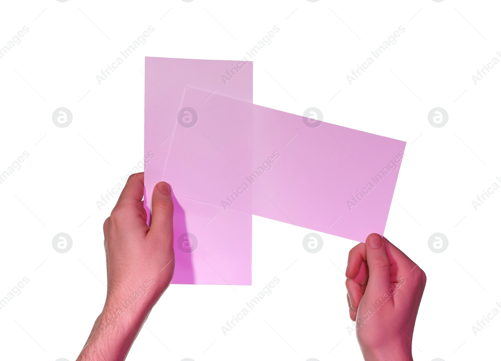 Photo of Man holding flyers on white background, closeup and space for text. Color tone effect