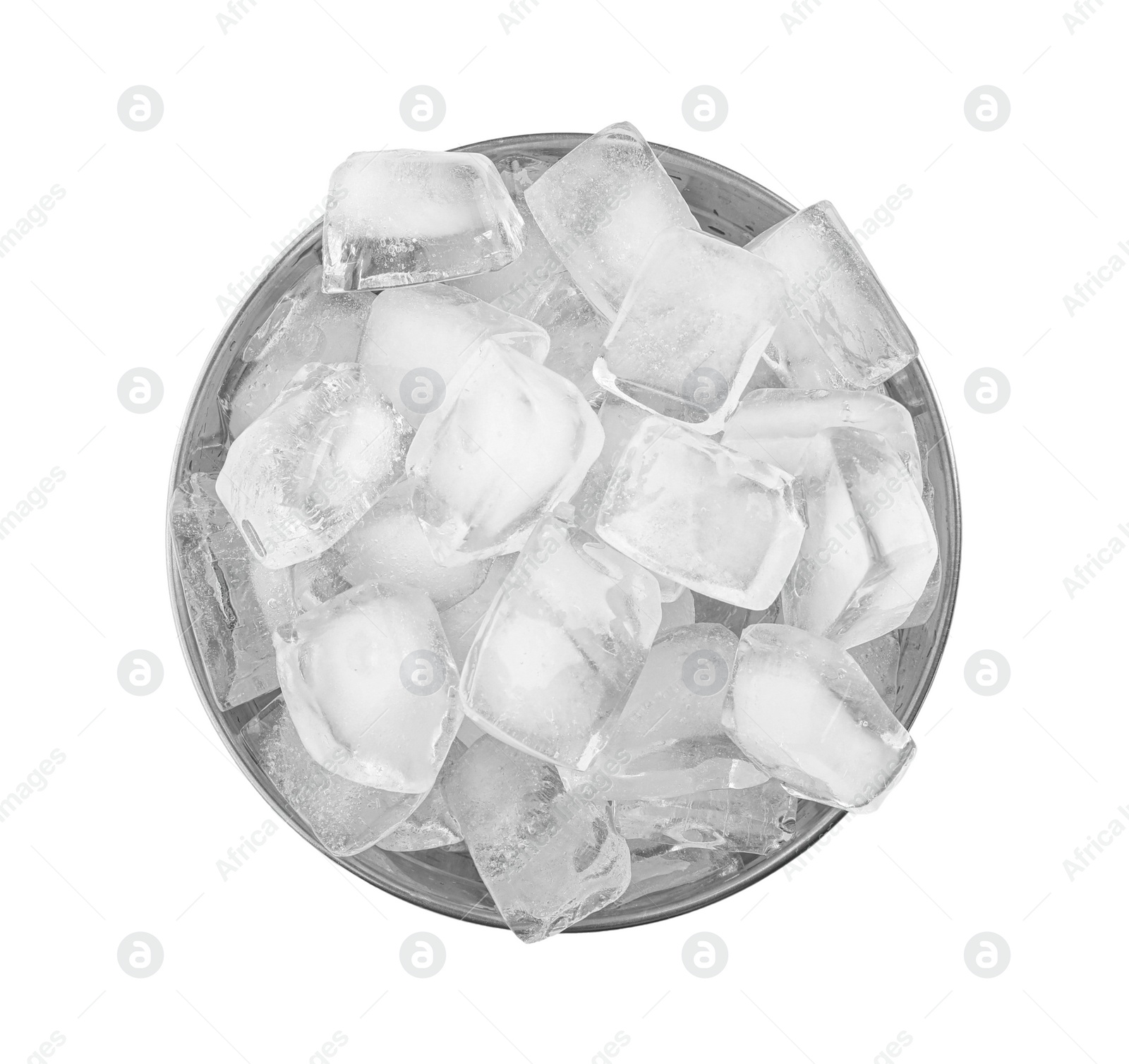 Photo of Metal bucket with ice cubes isolated on white