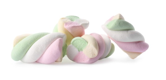 Photo of Pile of delicious colorful marshmallows on white background