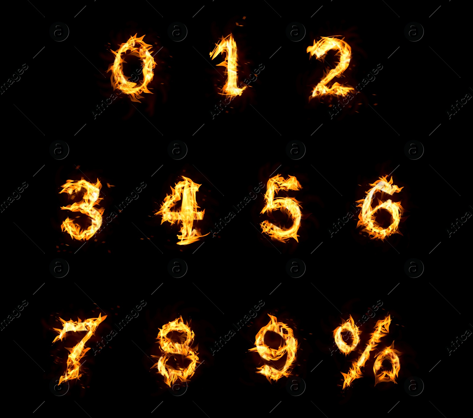 Image of Set of flaming numbers and percent symbol on black background