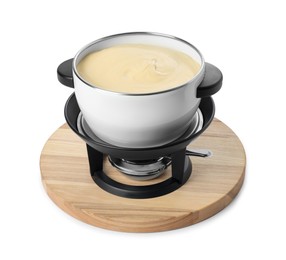 Fondue pot with tasty melted cheese isolated on white